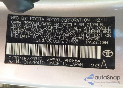 2011 Toyota Prius from USA, damaged, VIN JTDKN3DU6B5371503